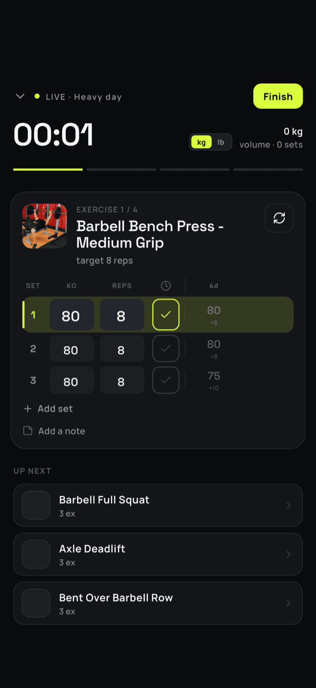 Logging a set during a live workout in kach