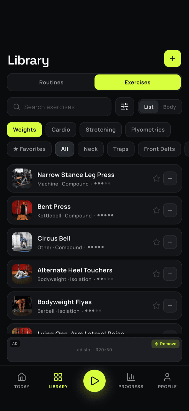 Browsing the exercise library to build a routine in kach