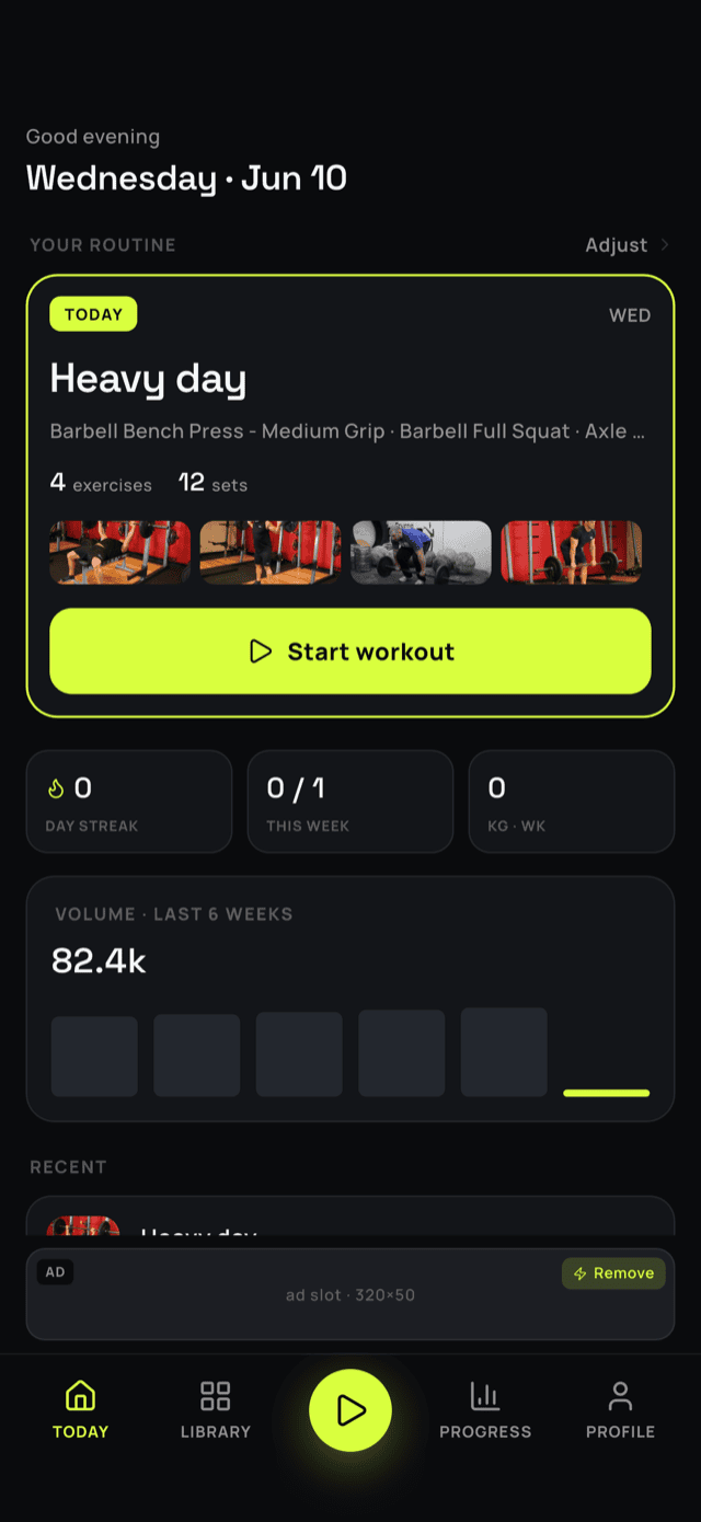 kach home screen showing today's planned workout